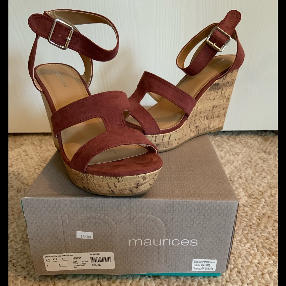 Maurices Mauve Cork Wedge Sandals with Ankle Strap